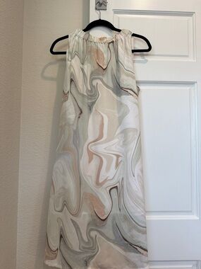 Prologue Marble-Print Sleeveless Midi Dress in Cream, Tan and Sage